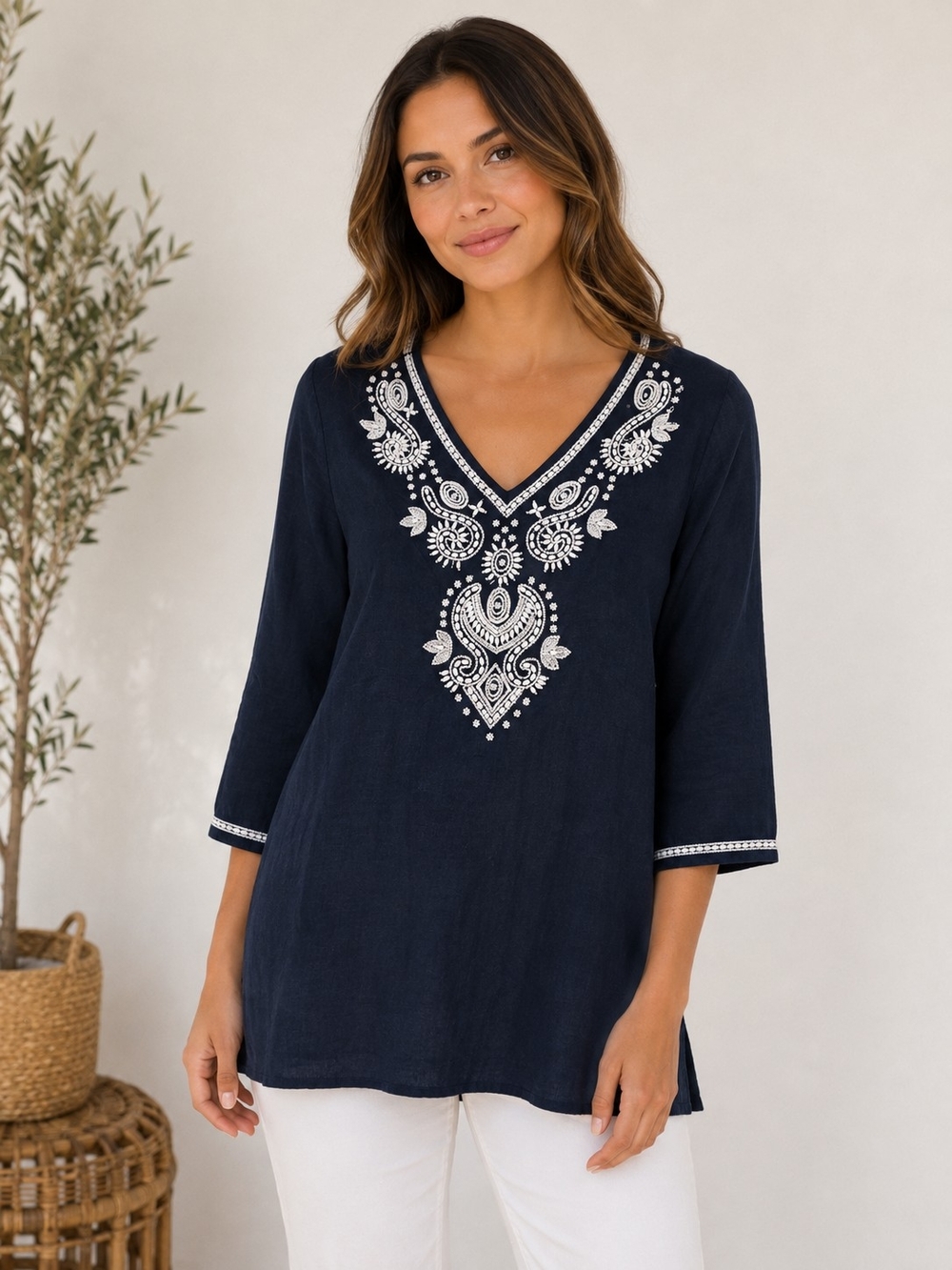 Charter Club Navy V-Neck Embroidered Tunic